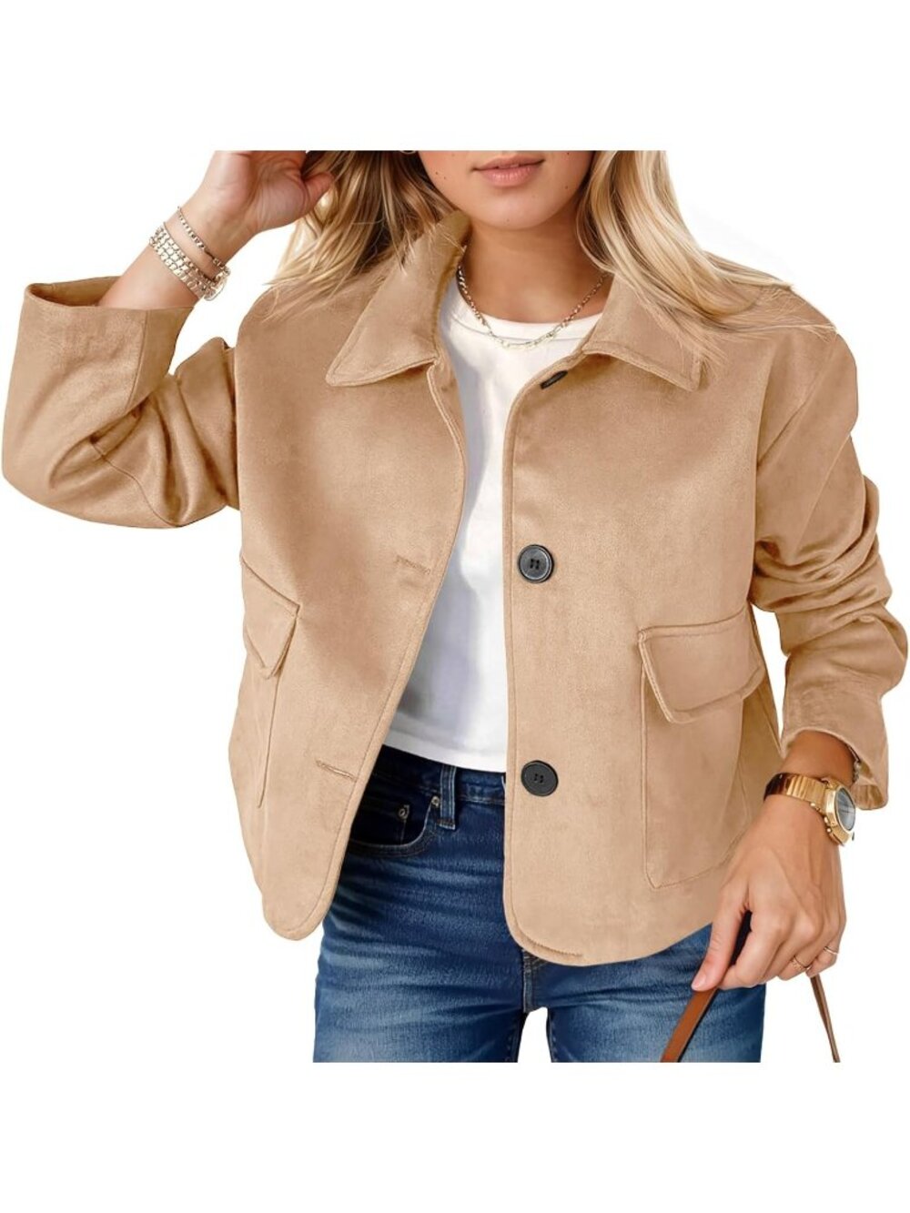 Women's Khaki Faux Suede Cropped Jacket Button Down Vintage Casual Shacket